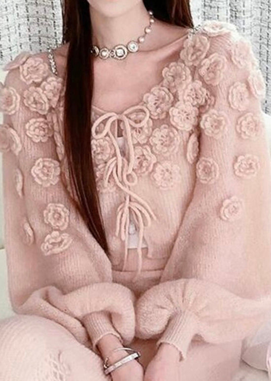 Pink Lace Up Knit Sweaters Fall Wo035