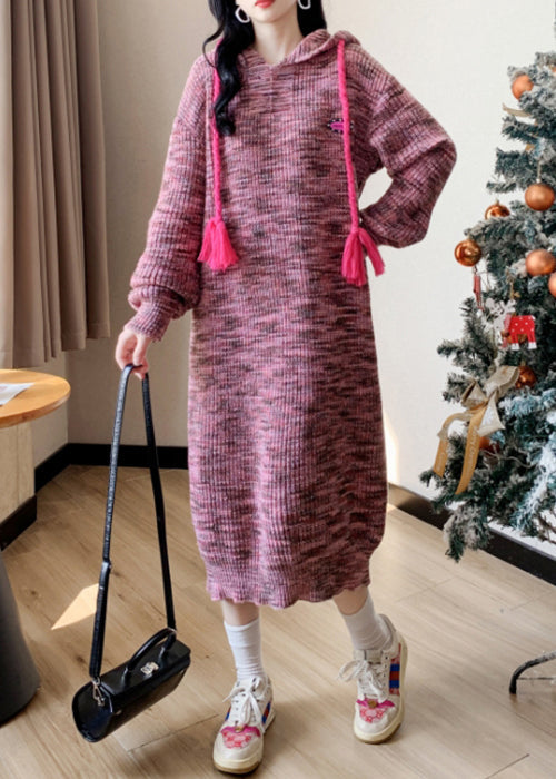 Pink Lace Up Patchwork Cotton Knit Long Dress Winter Rk034