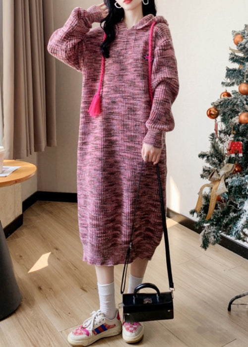 Pink Lace Up Patchwork Cotton Knit Long Dress Winter Rk034