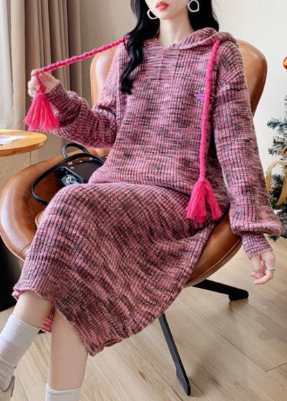 Pink Lace Up Patchwork Cotton Knit Long Dress Winter Rk034