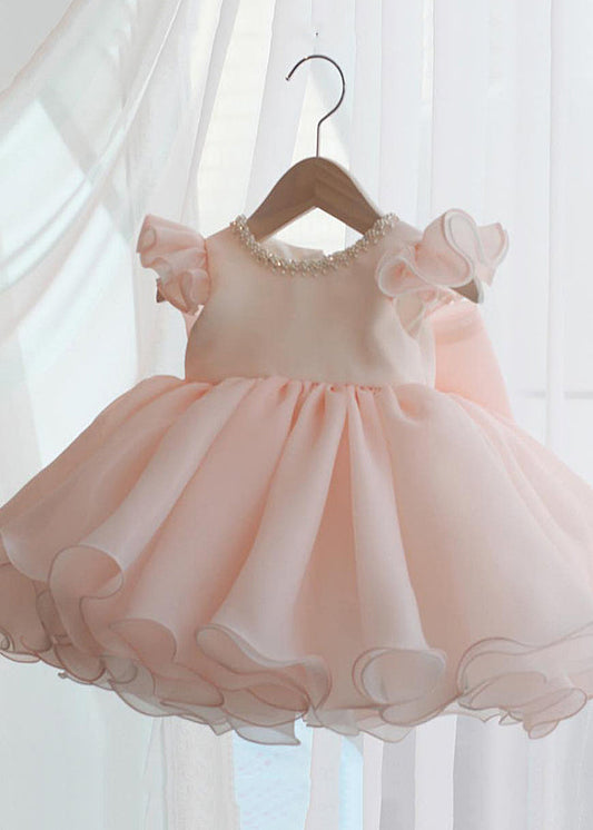 Pink Nail Bead Patchwork Tulle Kids Long Dresses Short Sleeve Ys039