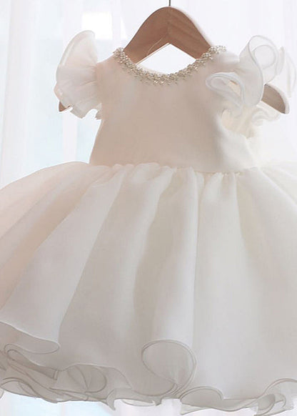 Pink Nail Bead Patchwork Tulle Kids Long Dresses Short Sleeve Ys039
