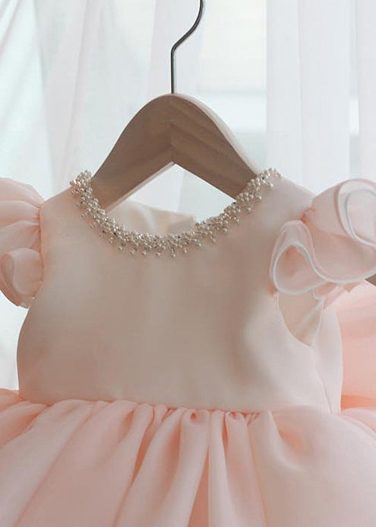 Pink Nail Bead Patchwork Tulle Kids Long Dresses Short Sleeve Ys039