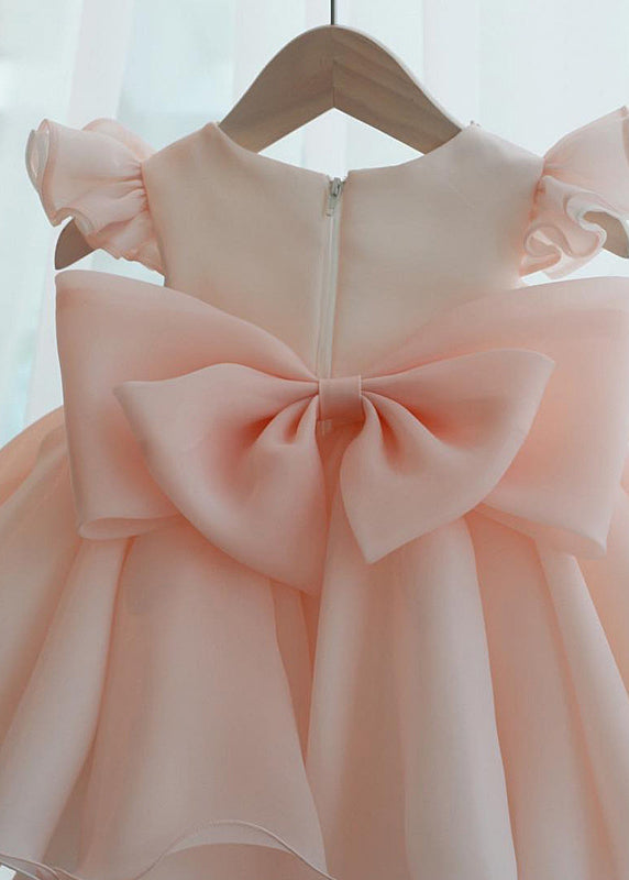 Pink Nail Bead Patchwork Tulle Kids Long Dresses Short Sleeve Ys039