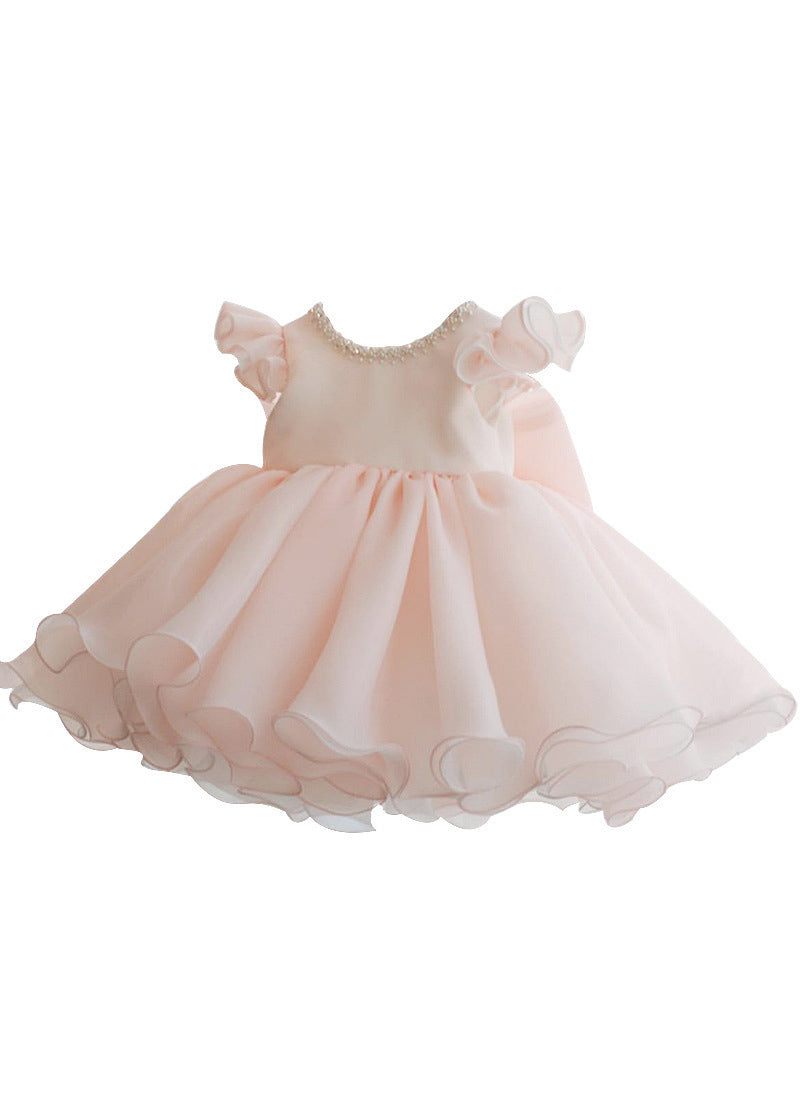Pink Nail Bead Patchwork Tulle Kids Long Dresses Short Sleeve Ys039