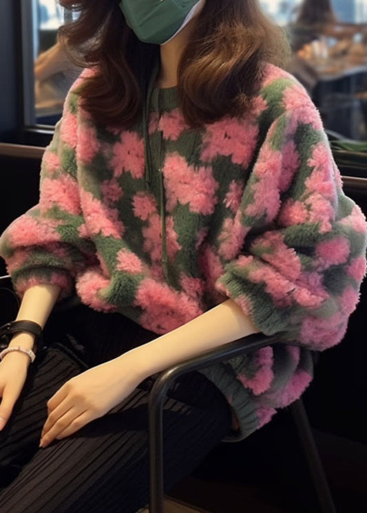 Pink O Neck Jacquard Faux Fur Knit Sweaters Fall Wo025