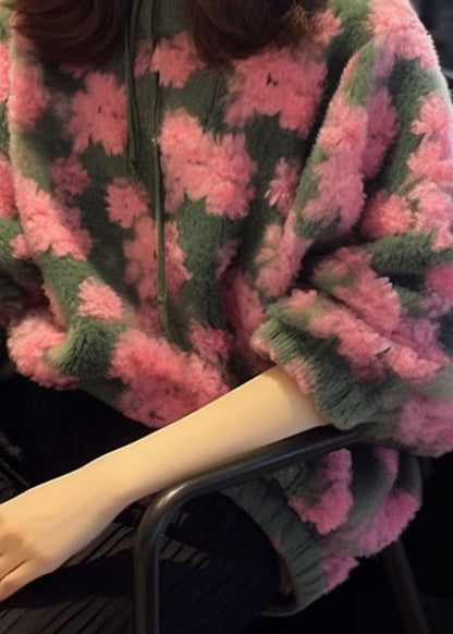 Pink O Neck Jacquard Faux Fur Knit Sweaters Fall Wo025