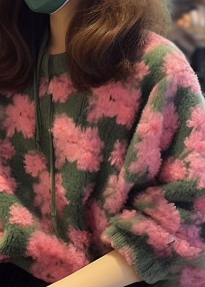 Pink O Neck Jacquard Faux Fur Knit Sweaters Fall Wo025