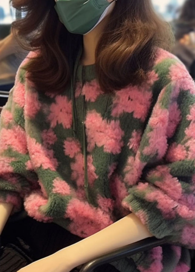 Pink O Neck Jacquard Faux Fur Knit Sweaters Fall Wo025