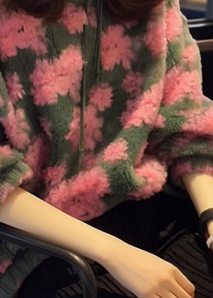 Pink O Neck Jacquard Faux Fur Knit Sweaters Fall Wo025