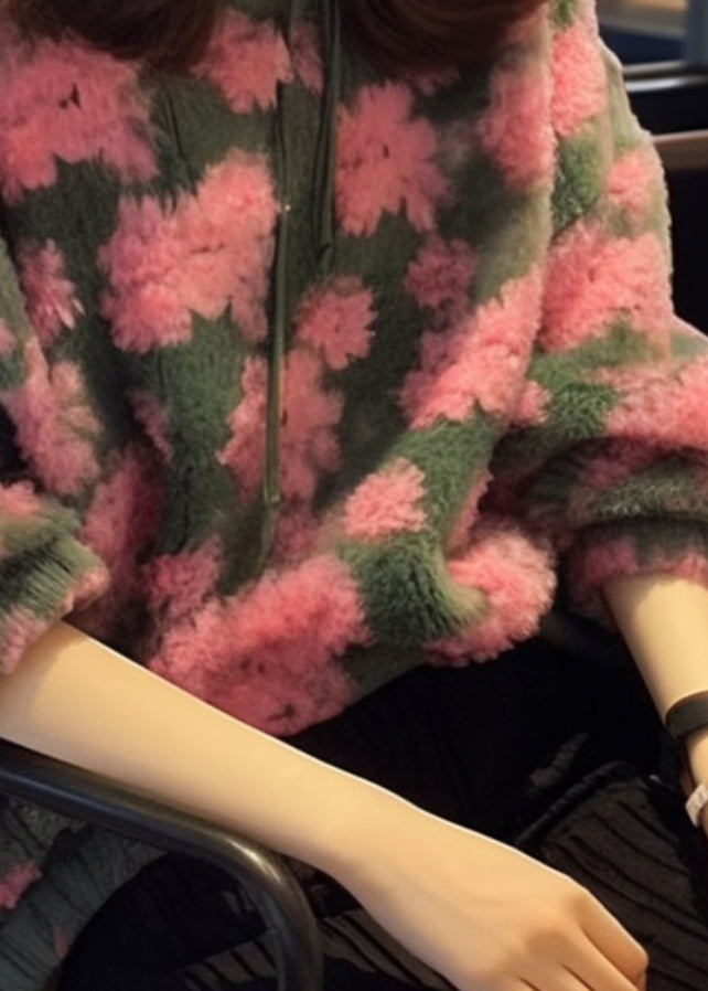 Pink O Neck Jacquard Faux Fur Knit Sweaters Fall Wo025