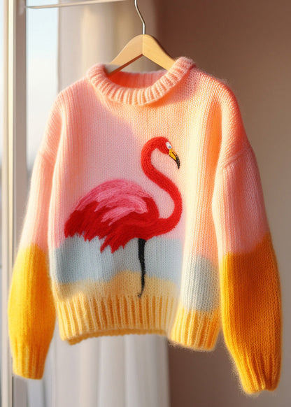 Pink O Neck Patchwork Knit Sweaters Fall Qg019