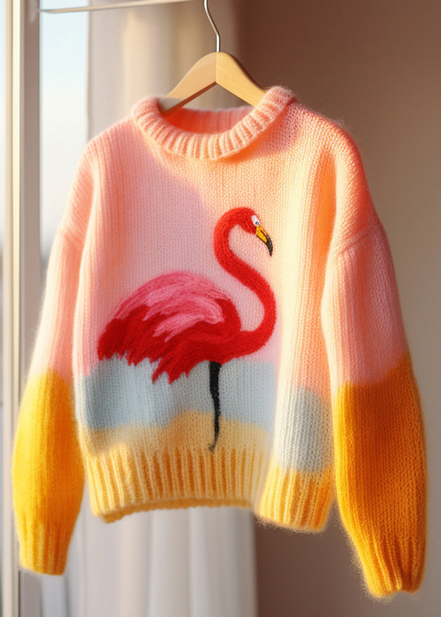 Pink O Neck Patchwork Knit Sweaters Fall Qg019
