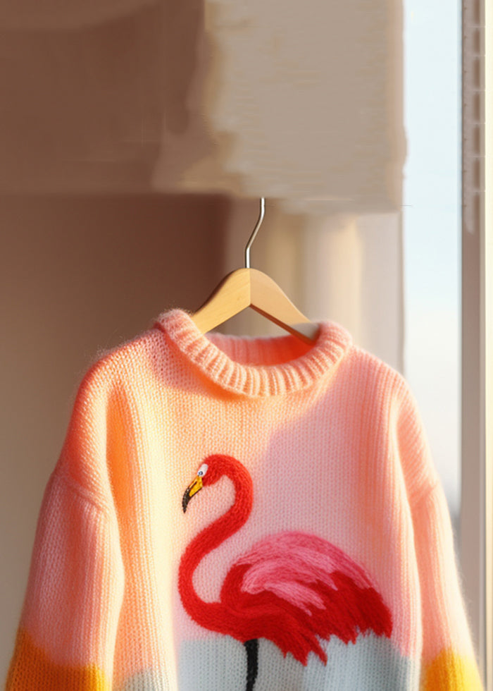 Pink O Neck Patchwork Knit Sweaters Fall Qg019