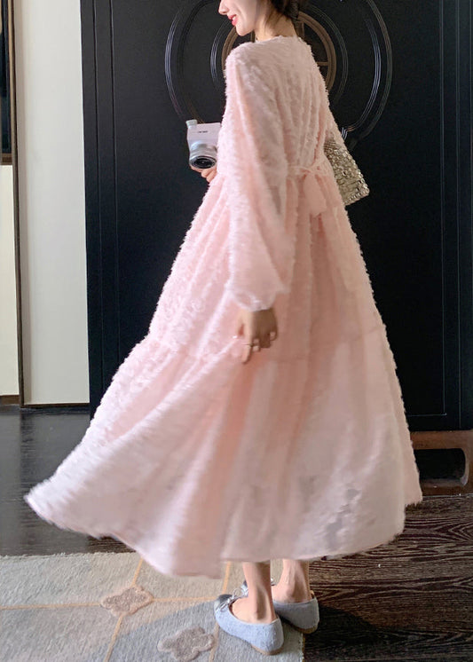 Pink O-neck Patchwork Lace Long Dress Spring Ta039