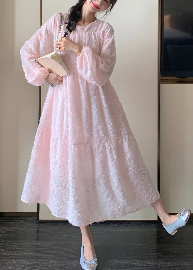 Pink O-neck Patchwork Lace Long Dress Spring Ta039