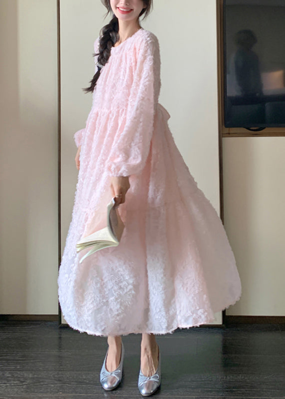 Pink O-neck Patchwork Lace Long Dress Spring Ta039