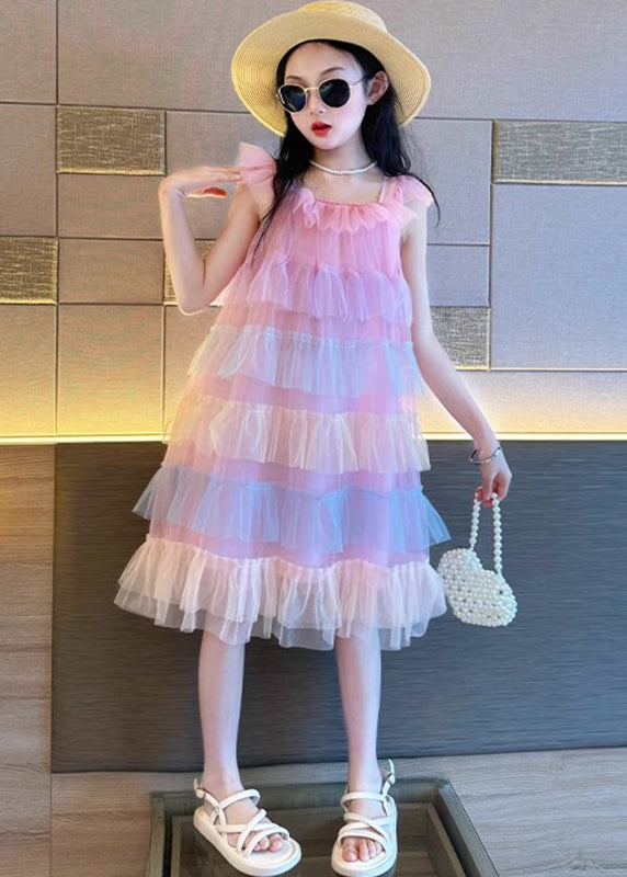 Pink O-neck Patchwork Tulle Kids Vacation Maxi Dresses Summer Ew020