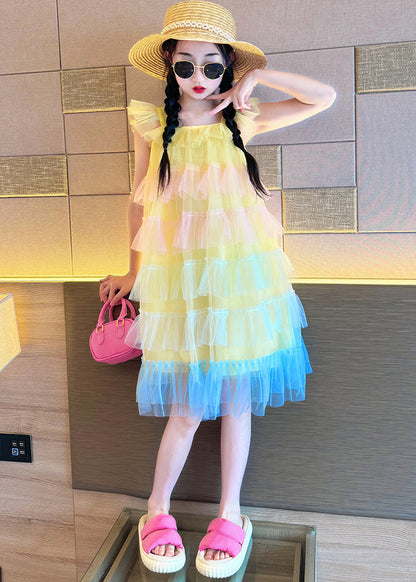Pink O-neck Patchwork Tulle Kids Vacation Maxi Dresses Summer Ew020