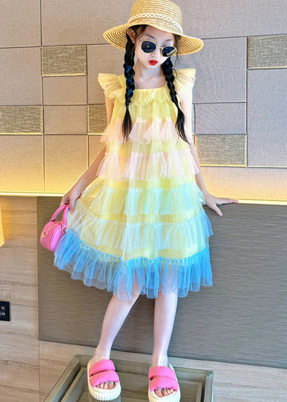 Pink O-neck Patchwork Tulle Kids Vacation Maxi Dresses Summer Ew020