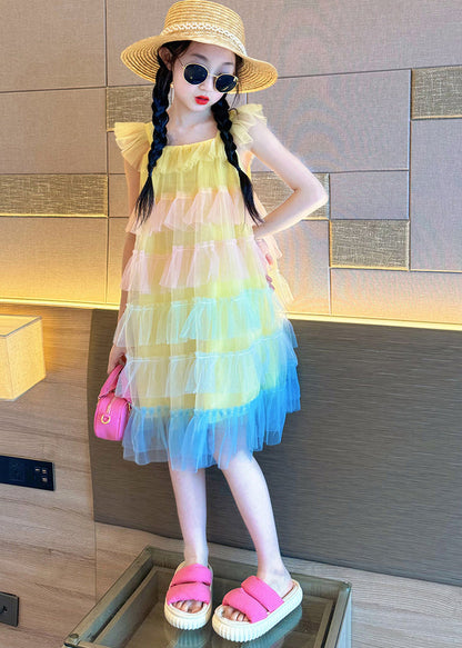 Pink O-neck Patchwork Tulle Kids Vacation Maxi Dresses Summer Ew020