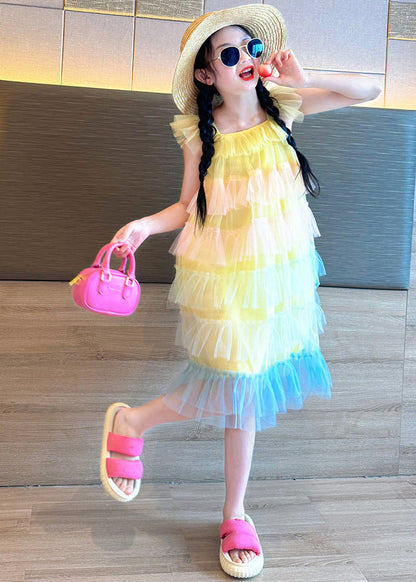 Pink O-neck Patchwork Tulle Kids Vacation Maxi Dresses Summer Ew020
