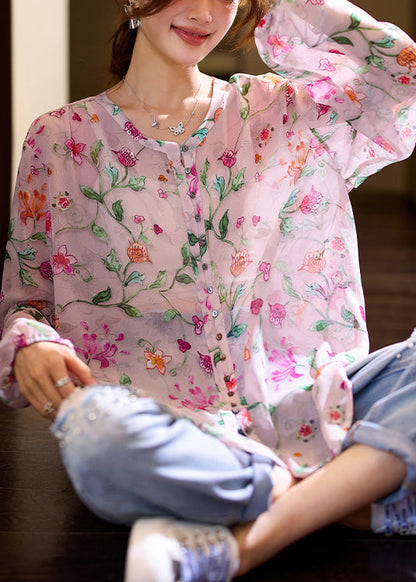 Pink O Neck Print Loose Chiffon Blouse Top Fall Ac1010