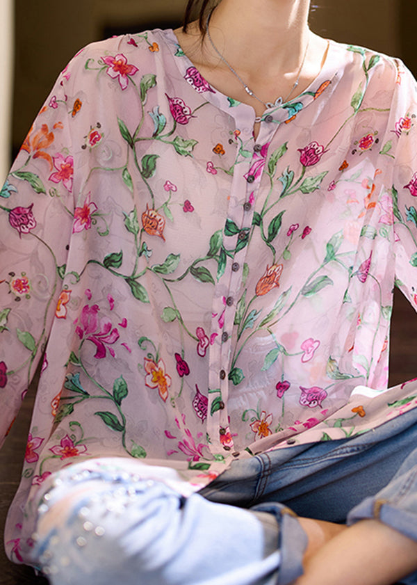Pink O Neck Print Loose Chiffon Blouse Top Fall Ac1010