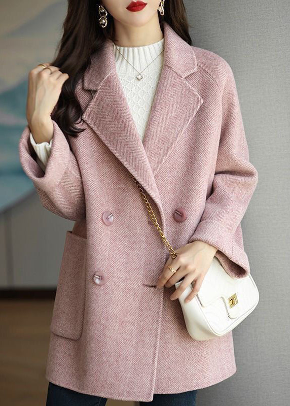 Pink Peter Pan Collar Double Breast Pockets Woolen Coat Winter Rs025
