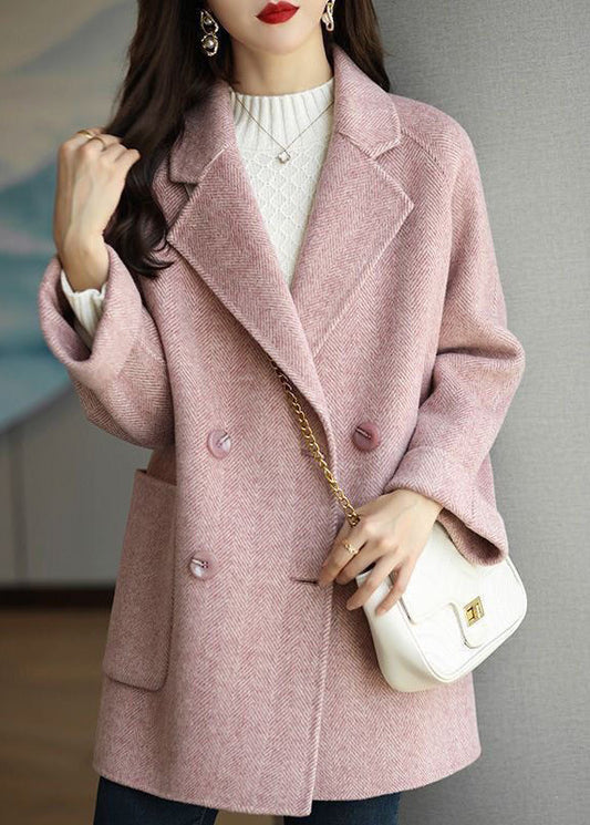 Pink Peter Pan Collar Double Breast Pockets Woolen Coat Winter Rs025