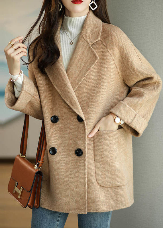 Pink Peter Pan Collar Double Breast Pockets Woolen Coat Winter Rs025