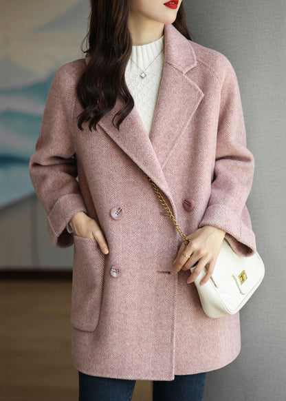 Pink Peter Pan Collar Double Breast Pockets Woolen Coat Winter Rs025