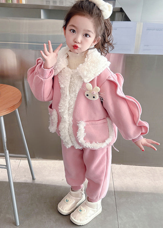 Pink Peter Pan Collar Warm Fleece Coats and Beam Pants Two Pieces Set Winter Tr016