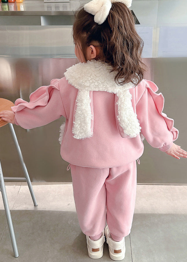 Pink Peter Pan Collar Warm Fleece Coats and Beam Pants Two Pieces Set Winter Tr016
