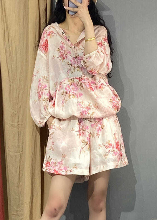 Pink Print Hooded Shirts and Shorts Two Piece Set Long Sleeve Uu033