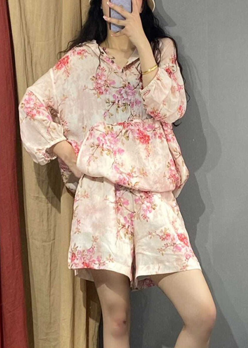 Pink Print Hooded Shirts and Shorts Two Piece Set Long Sleeve Uu033