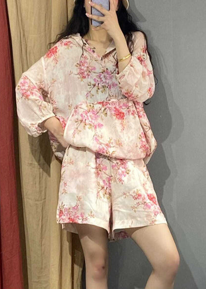 Pink Print Hooded Shirts and Shorts Two Piece Set Long Sleeve Uu033