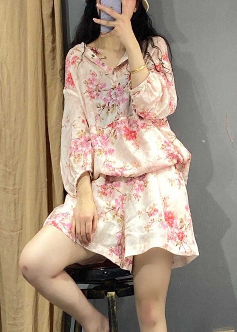 Pink Print Hooded Shirts and Shorts Two Piece Set Long Sleeve Uu033