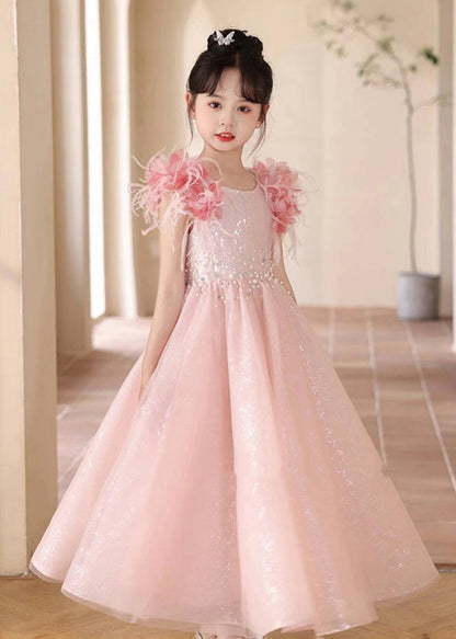 Pink Sequins Patchwork Tulle Maxi Dresses Summer Ye001