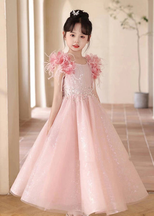 Pink Sequins Patchwork Tulle Maxi Dresses Summer Ye001