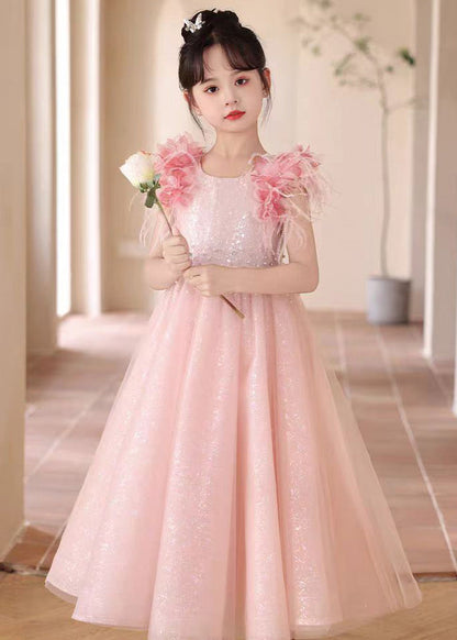 Pink Sequins Patchwork Tulle Maxi Dresses Summer Ye001
