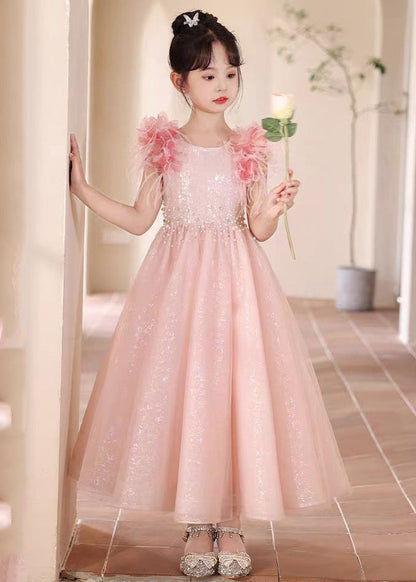 Pink Sequins Patchwork Tulle Maxi Dresses Summer Ye001