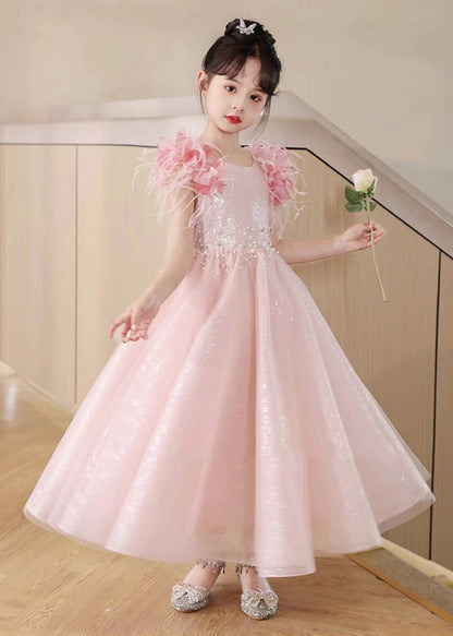 Pink Sequins Patchwork Tulle Maxi Dresses Summer Ye001