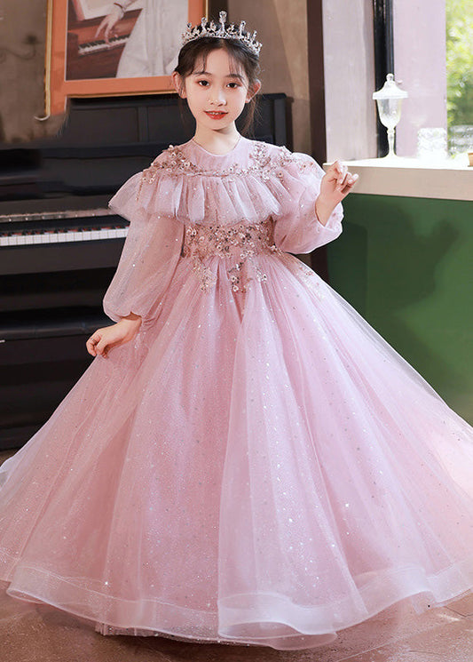 Pink Sequins Patchwork Tulle Kids Maxi Dress Fall Rp029