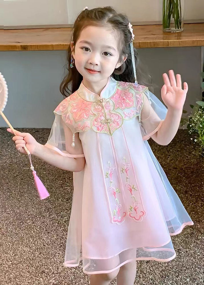 Pink Stand Collar Embroideried Tulle Holiday Tulle Maxi Dress Summer Mn026