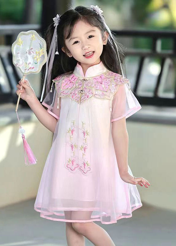 Pink Stand Collar Embroideried Tulle Holiday Tulle Maxi Dress Summer Mn026