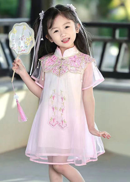 Pink Stand Collar Embroideried Tulle Holiday Tulle Maxi Dress Summer Mn026
