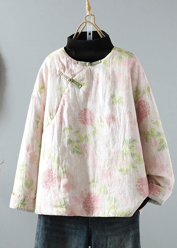 Pink Stand Collar Patchwork Print Fine Cotton Filled Oriental Coats in Winter Tm039