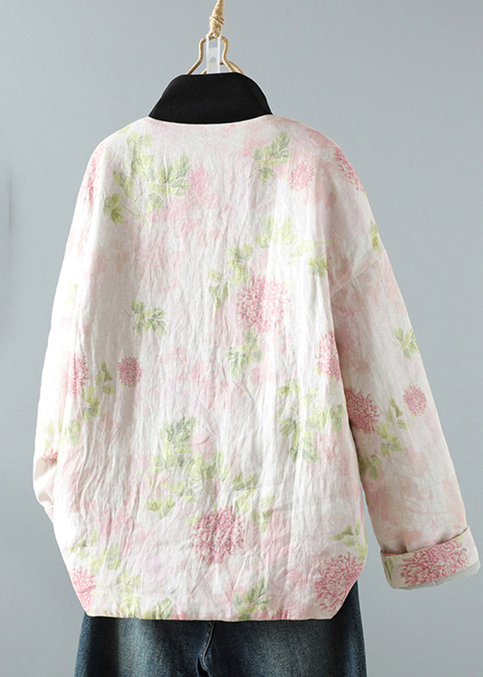 Pink Stand Collar Patchwork Print Fine Cotton Filled Oriental Coats in Winter Tm039