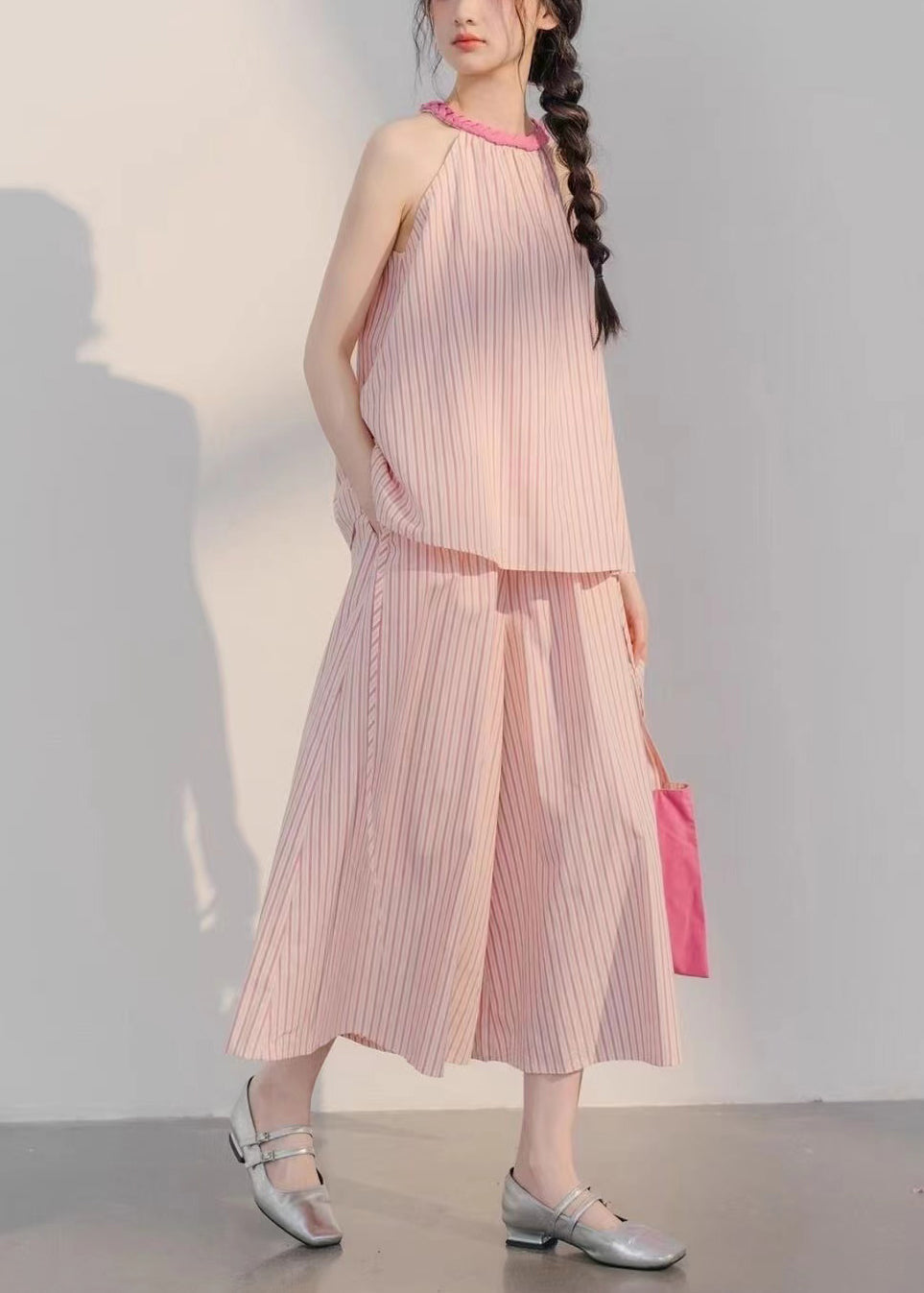 Pink Striped Tops and Crop Pants Cotton Two Pieces Set Sleeveless Xx040